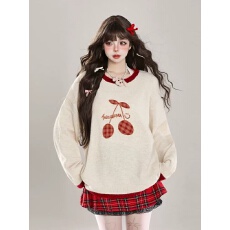 批发<b class='q'>韩版</b>可爱樱桃刺绣圆领毛衣女秋冬季设计感慵懒风软糯针织套头上衣