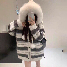 批发2025新款秋冬针织<b class='q'>开衫</b><b class='q'>毛衣</b>女韩系日系大码厚外套连帽条纹宽松软糯