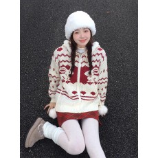 批发日系复古圣诞小兔提花<b class='q'>毛衣</b>外套半身裙女秋冬新年战衣红色奶系套装
