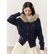 批发美式复古连帽<b class='q'>毛衣</b>毛领外套女秋季穿搭美式针织<b class='q'>开衫</b>宽松慵懒风上衣