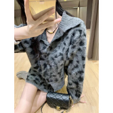 批发韩系<b class='q'>街头</b>风洋气高领拉毛针织毛衣开衫慵懒风毛茸茸豹纹外套潮