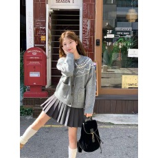 批发复古印花费尔岛圆领针织<b class='q'>开衫</b>女冬季宽松软糯亲肤百搭<b class='q'>毛衣</b>