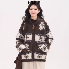 批发复古印花费尔岛圆领针织<b class='q'>开衫</b>女冬季宽松软糯亲肤百搭<b class='q'>毛衣</b>