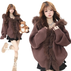 批发美式设计感大毛领连帽针织<b class='q'>毛衣</b>女秋冬气质慵懒宽松外套