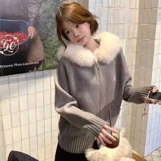 批发慵懒风软糯<b class='q'>毛衣</b>外套女秋冬季毛领连帽拉链针织<b class='q'>开衫</b>