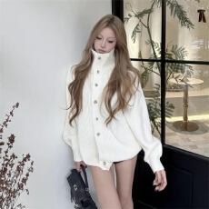 批发韩系穿搭白色高领<b class='q'>毛衣</b><b class='q'>开衫</b>外套女秋冬宽松慵懒风巨好看针织衫上衣