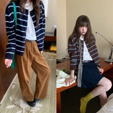 批发慵懒感条纹毛针织衫2025年春秋冬女条纹撞色长袖复古圆领<b class='q'>开衫</b>外套