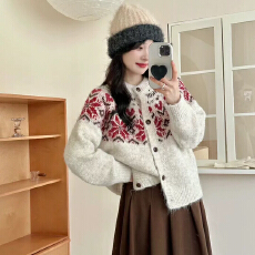 批发复古撞色提花<b class='q'>毛衣</b>外套女2025年秋冬新款宽松加厚针织<b class='q'>开衫</b>小众上衣