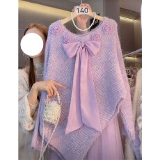 批发<b class='q'>韩版</b>蝴蝶结长袖洋气毛针织衫女秋季甜美V领针织毛衣紫色外穿上衣