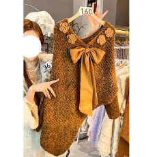 批发<b class='q'>韩版</b>蝴蝶结长袖洋气毛针织衫女秋季甜美V领针织毛衣紫色外穿上衣