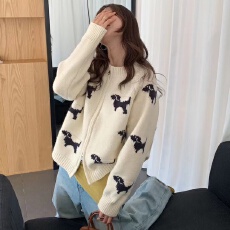 批发秋冬<b class='q'>毛衣</b>外套女趣味卡通小狗提花宽松双拉链圆领针织<b class='q'>开衫</b>外搭