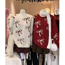 批发冬装美式圣诞<b class='q'>韩版</b>蝴蝶结钉珠套头毛衣女甜美加厚宽松圆领针织衫