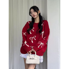 批发重工韩版立体珍珠装饰蝴蝶结保暖加厚毛衣女宽松大版上衣