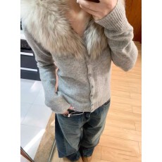 批发韩系貉子毛领针织<b class='q'>开衫</b><b class='q'>毛衣</b>女秋冬慵懒长袖修身气质高级感上衣外套