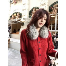 批发2025年冬季上衣女可拆卸毛领纯色针织<b class='q'>毛衣</b><b class='q'>开衫</b>