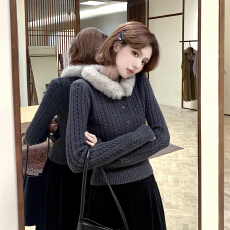 批发芝士Cheese罗勒傍晚秋冬宽松拼接可拆卸毛领针织<b class='q'>开衫</b><b class='q'>毛衣</b>外套女