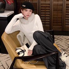 批发芝士Cheese罗勒傍晚秋冬宽松拼接可拆卸毛领针织<b class='q'>开衫</b><b class='q'>毛衣</b>外套女