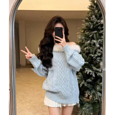 批发韩系毛领一字肩绞花毛衣女秋冬辣妹高级感长袖套头针织衫<b class='q'>宽松</b>上衣