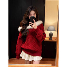 批发韩系毛领一字肩绞花毛衣女秋冬辣妹高级感长袖套头针织衫<b class='q'>宽松</b>上衣