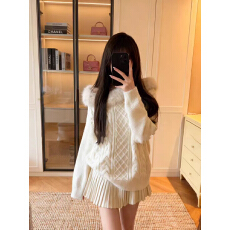 批发韩系毛领一字肩绞花毛衣女秋冬辣妹高级感长袖套头针织衫<b class='q'>宽松</b>上衣