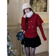 批发2025年秋冬新季毛毛领斗篷披肩长袖修身显瘦打底衫毛衣2件套外套