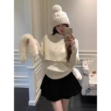 批发2025年秋冬新季毛毛领斗篷披肩长袖修身显瘦打底衫毛衣2件套外套