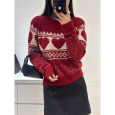 批发2025秋冬季节新款女圆领长袖撞色爱心点点复古条纹全毛时尚毛衣