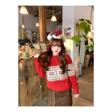 批发圣诞红费尔岛毛衣女冬季提花氛围感针织衫学院风上衣