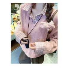批发曾小咸 韩系粉色假两件毛衣女秋冬polo领<b class='q'>衬衫</b>拼接内搭针织衫