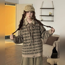 批发韩系复古费尔岛毛衣开衫<b class='q'>外套</b>女秋冬慵懒风高级感宽松软糯针织上衣