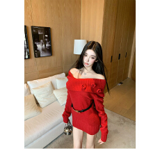 批发Barb Chill圣诞穿搭红色连衣裙一字肩女冬季修身毛衣裙生日包臀裙