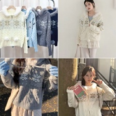 批发费尔岛连帽甜美氛围感毛衣女2025冬季新款针织上衣外套