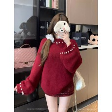 批发巧克少女甜美风红色立体珍珠毛衣女2025春季宽松软糯灯笼袖针织衫
