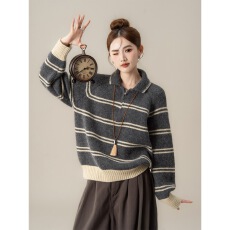 批发撞色条纹毛衣秋冬韩系宽松纽扣针织衫翻领上衣新款外套女