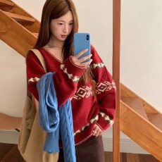 批发2025年冬季韩国少女系气质甜美保暖拼色图腾提花V领麻花厚毛衣女