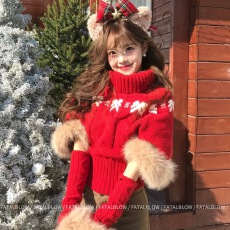 批发圣诞节红色毛毛针织毛衣女秋冬季加厚小个子慵懒气质宽松斗篷上衣