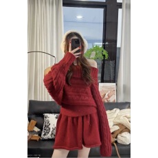 批发氛围感冬季红色时尚针织套装女新款一字肩麻花毛衣配蓬蓬裙两件套