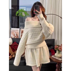 批发氛围感冬季红色时尚针织套装女新款一字肩麻花毛衣配蓬蓬裙两件套