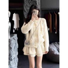 批发法式重工手绣花朵针织开衫毛衣外套半身裙两件套女秋冬奶呼呼套装