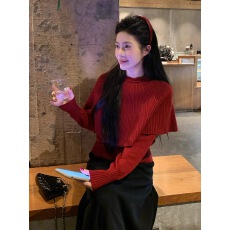 批发法式红色坑条叠穿两件式长袖针织衫女秋冬毛衣<b class='q'>打底衫</b>内搭加厚上衣