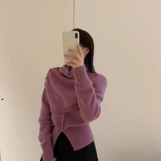 批发韩系高级气质高领纽扣披肩+<b class='q'>时尚</b>圆领暖糯温柔休闲毛衣套装女秋季