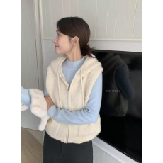 批发米白色连帽针织羊羔毛马甲女2025新款设计感高级休闲<b class='q'>百搭</b>无袖上衣