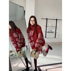 批发韩系新款<b class='q'>时尚</b>设计感圆领复古提花拼色软糯针织衫女带围巾打底潮