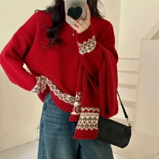 批发圣诞新年红色围巾毛衣女秋冬新款慵懒风提花撞色宽松显瘦针织上衣