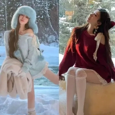 批发小雨姐姐新款安妮尔毛衣温柔风蕾丝蝴蝶结系带宽松针织毛衣女