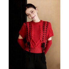 批发MH家 2025冬季温柔风圆领<b class='q'>短袖</b>系带麻花休闲针织衫上衣女配袖套