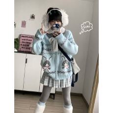 批发甜美费尔岛提花可爱兔子蓝色针织开衫毛衣<b class='q'>女</b>秋冬新款宽松上衣<b class='q'>外套</b>