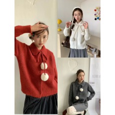 批发甜美毛球娃娃领针织衫毛衣<b class='q'>女</b>2025冬季新款小个子宽松上衣