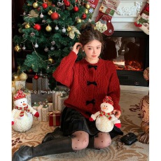 批发法式蝴蝶结软糯厚毛衣女秋新款复古麻花针织小香风甜美上衣