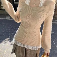 批发<b class='q'>新款</b>毛衣设计感辣妹收腰V领灰色女秋季纯欲露肩长袖针织衫上衣